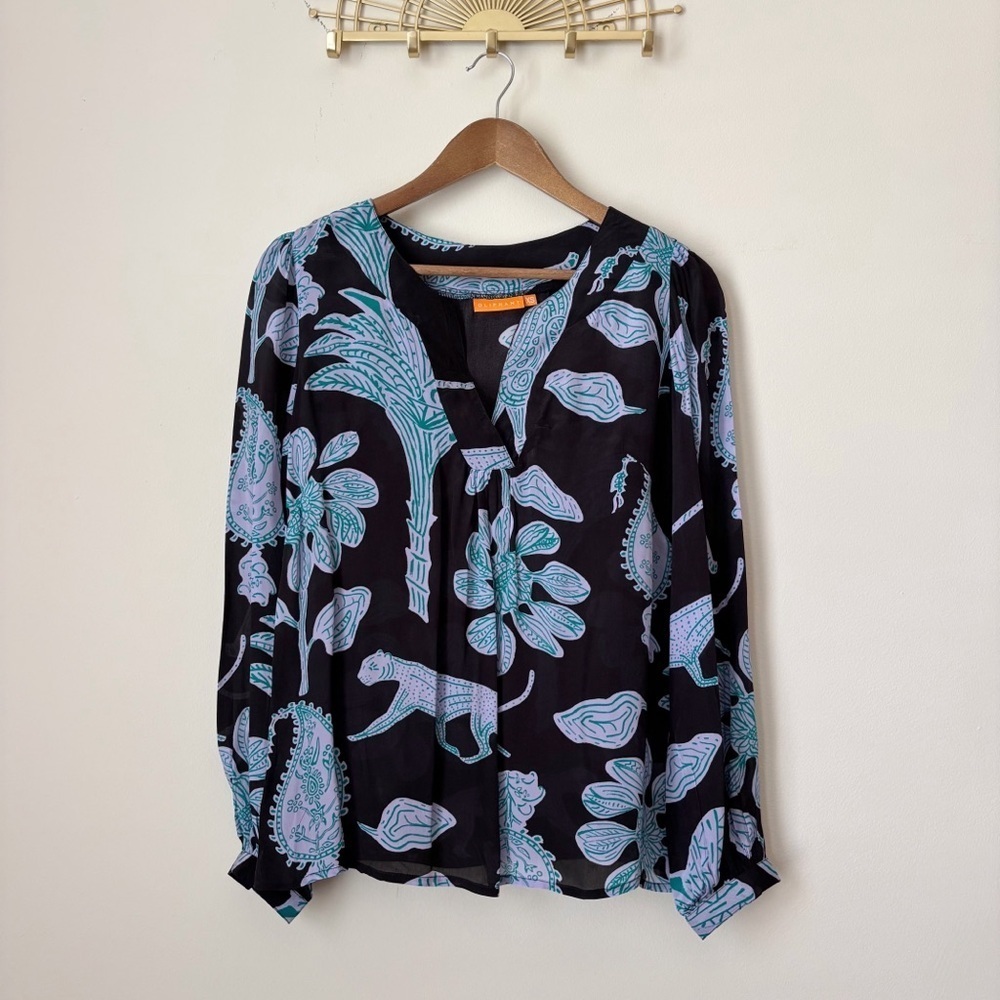 Oliphant Blue Paisley Cheetah Popover Blouse XS Summer Maximalist
